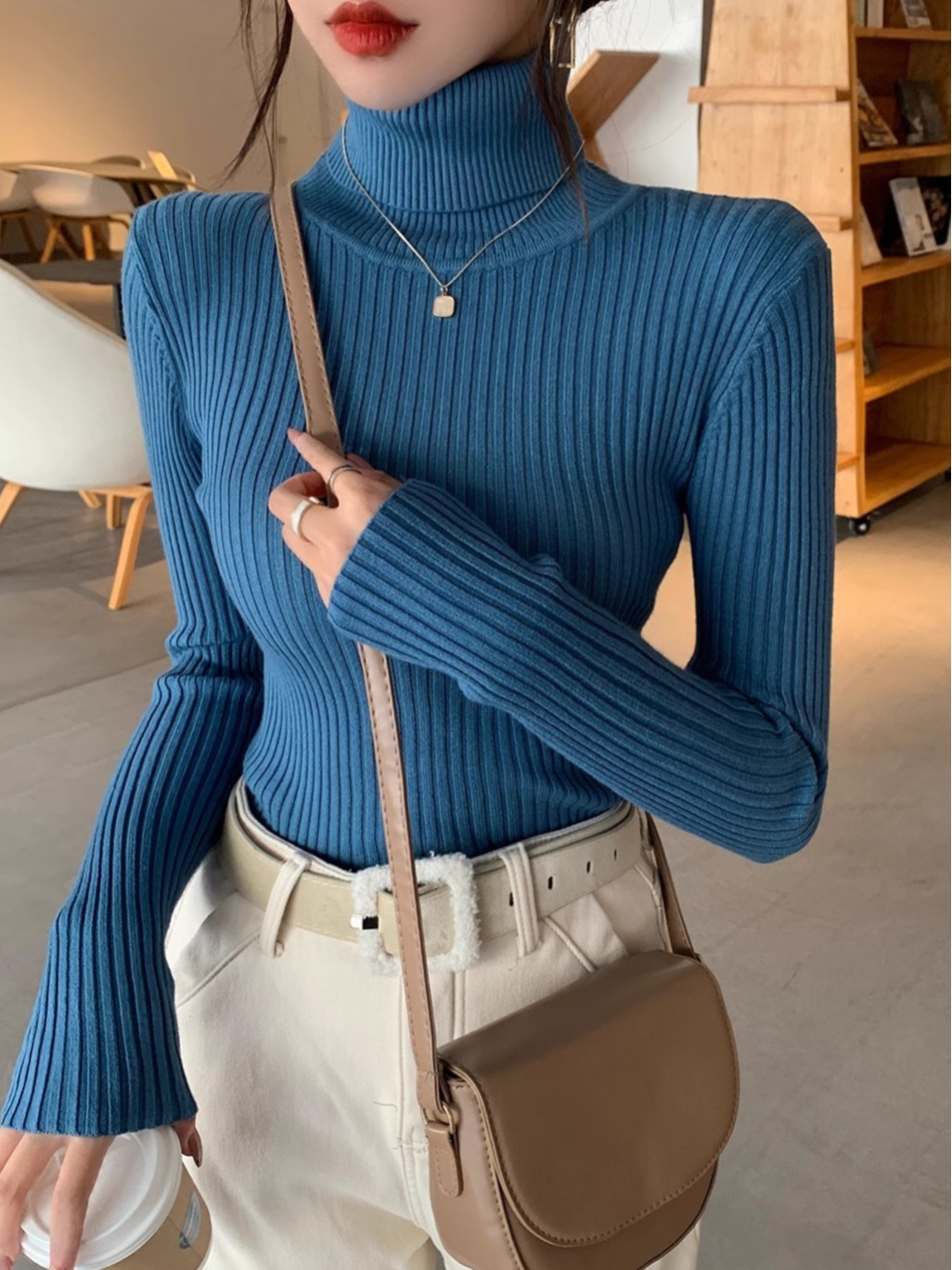 Women's Turtleneck Knit Sweater Thickened Slim Fit Warm Base Layer Top - Image 4