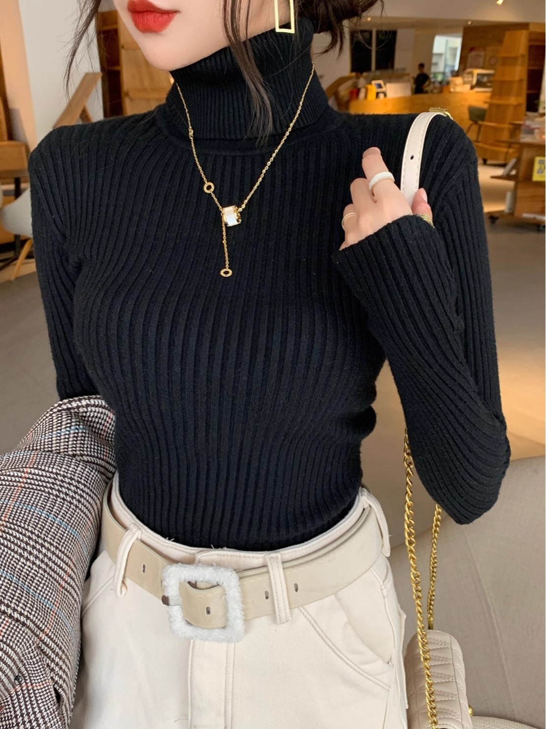 Women's Turtleneck Knit Sweater Thickened Slim Fit Warm Base Layer Top - Image 2