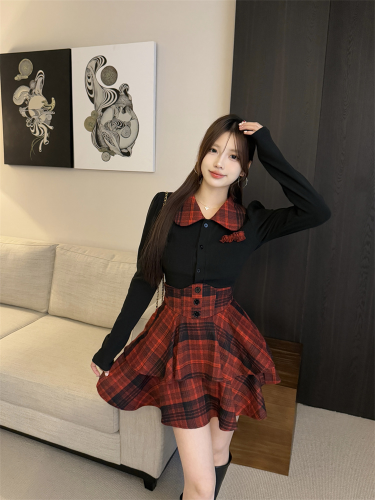 JK Style Slim Fit Shirt Top and Plaid High Waist Skirt Set for Women - Image 4