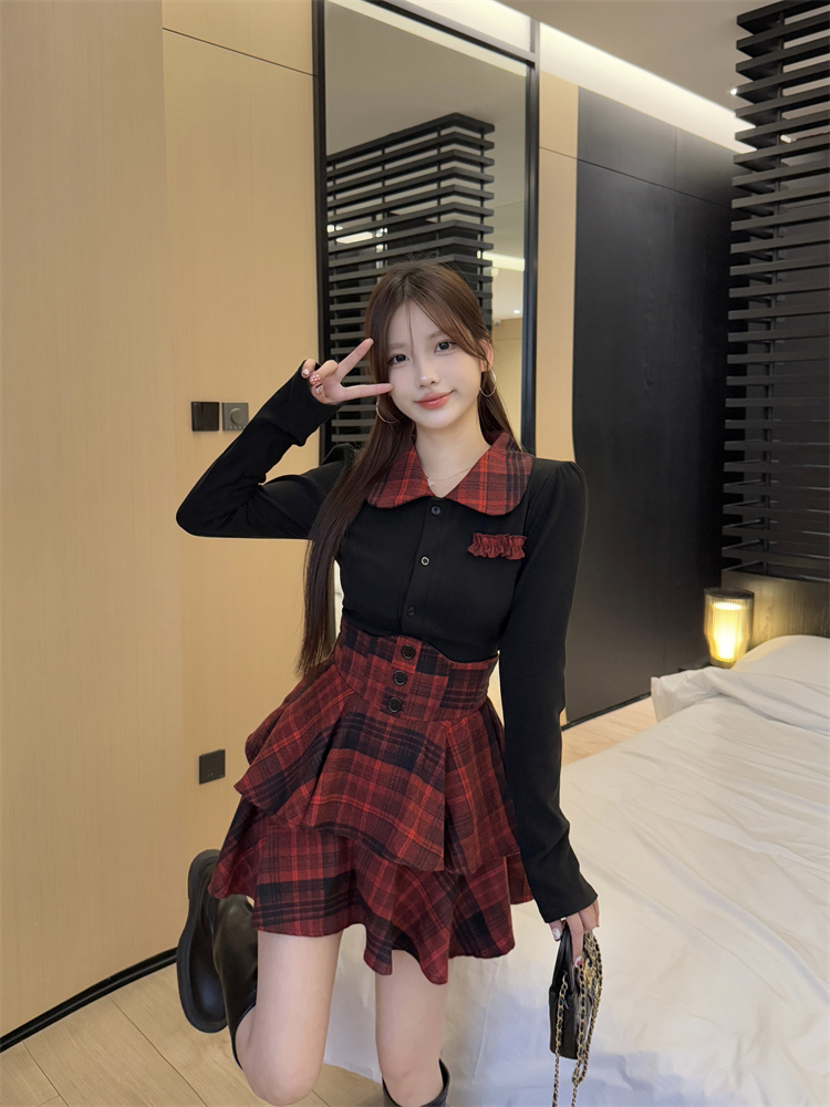 JK Style Slim Fit Shirt Top and Plaid High Waist Skirt Set for Women - Image 2