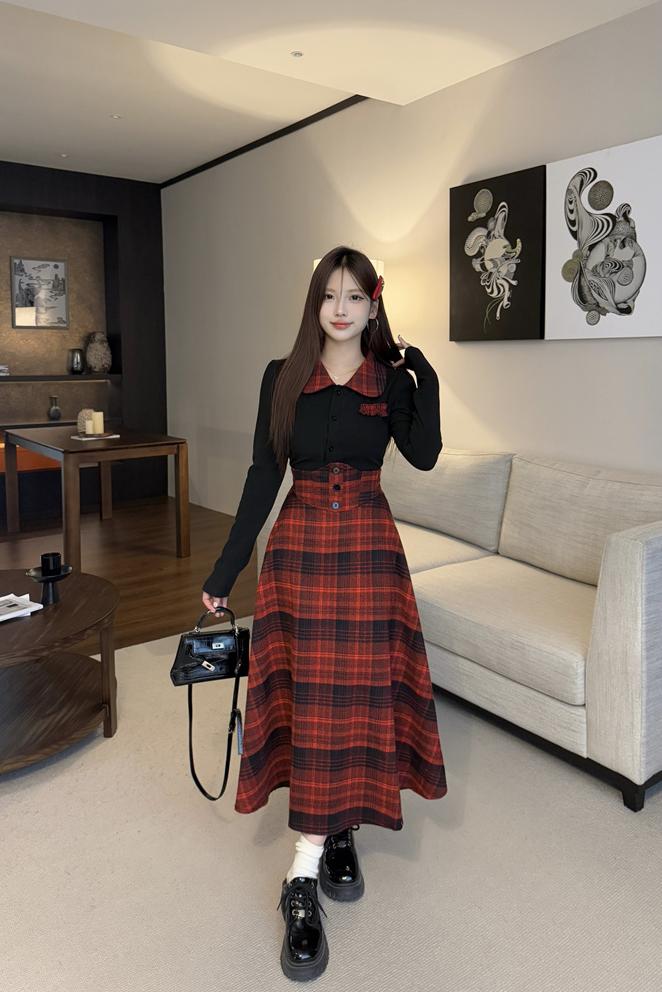 JK Style Slim Fit Shirt Top and Plaid High Waist Skirt Set for Women - Image 5