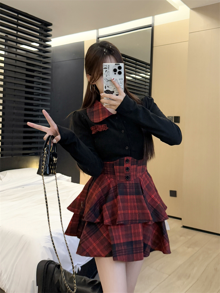 JK Style Slim Fit Shirt Top and Plaid High Waist Skirt Set for Women