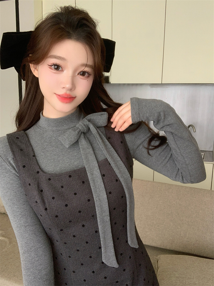 Sweet Bow Long Sleeve T-Shirt and Polka Dot Cami Dress Two-Piece Set for Women Spring Layering - Image 3