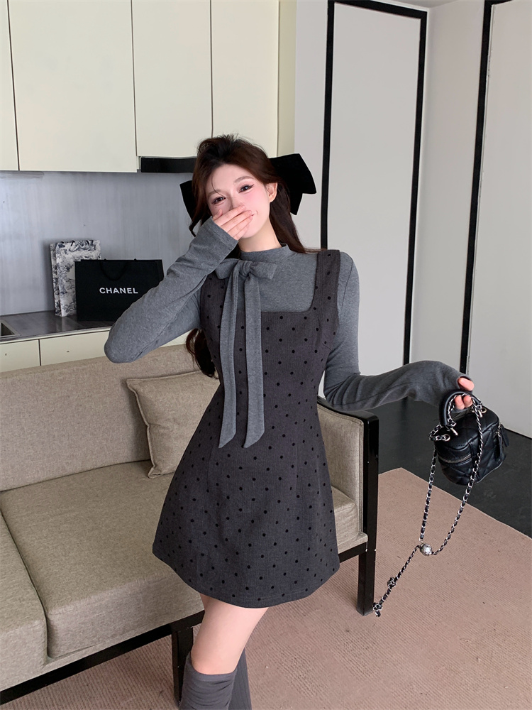Sweet Bow Long Sleeve T-Shirt and Polka Dot Cami Dress Two-Piece Set for Women Spring Layering - Image 4