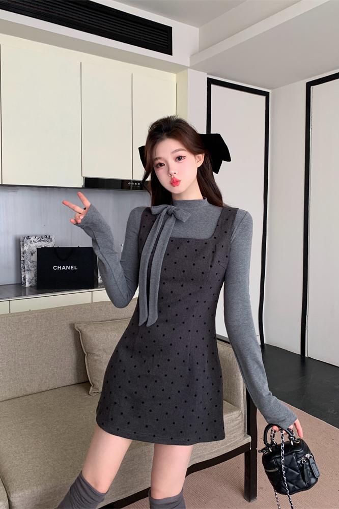 Sweet Bow Long Sleeve T-Shirt and Polka Dot Cami Dress Two-Piece Set for Women Spring Layering - Image 5