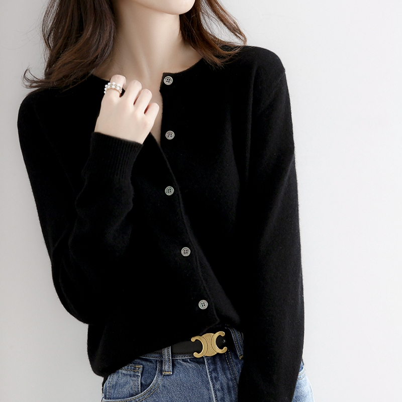 Women's Knit Round Neck Cardigan Sweater Long Sleeve Loose Korean Style Short - Image 5
