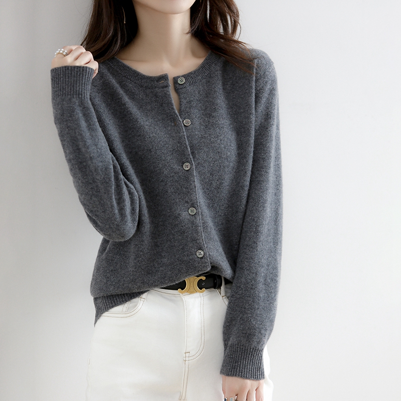 Women's Knit Round Neck Cardigan Sweater Long Sleeve Loose Korean Style Short - Image 4