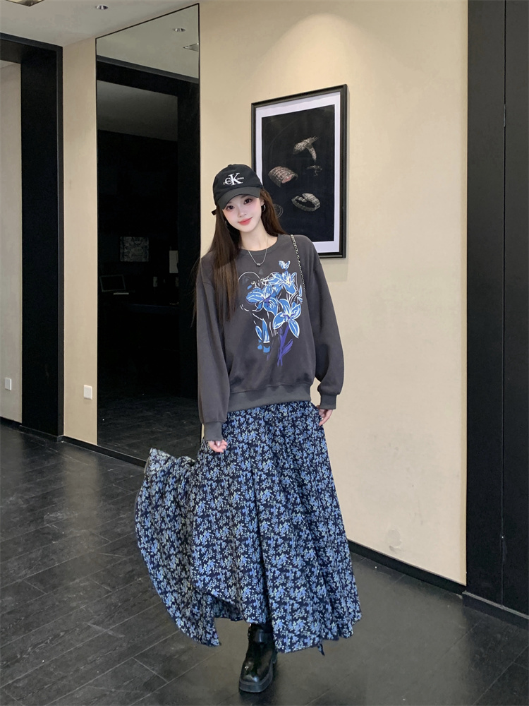 Real Photo Spring New Design Pullover Loose Sweatshirt Vintage Dark Gray Irregular Floral Cami Dress Set