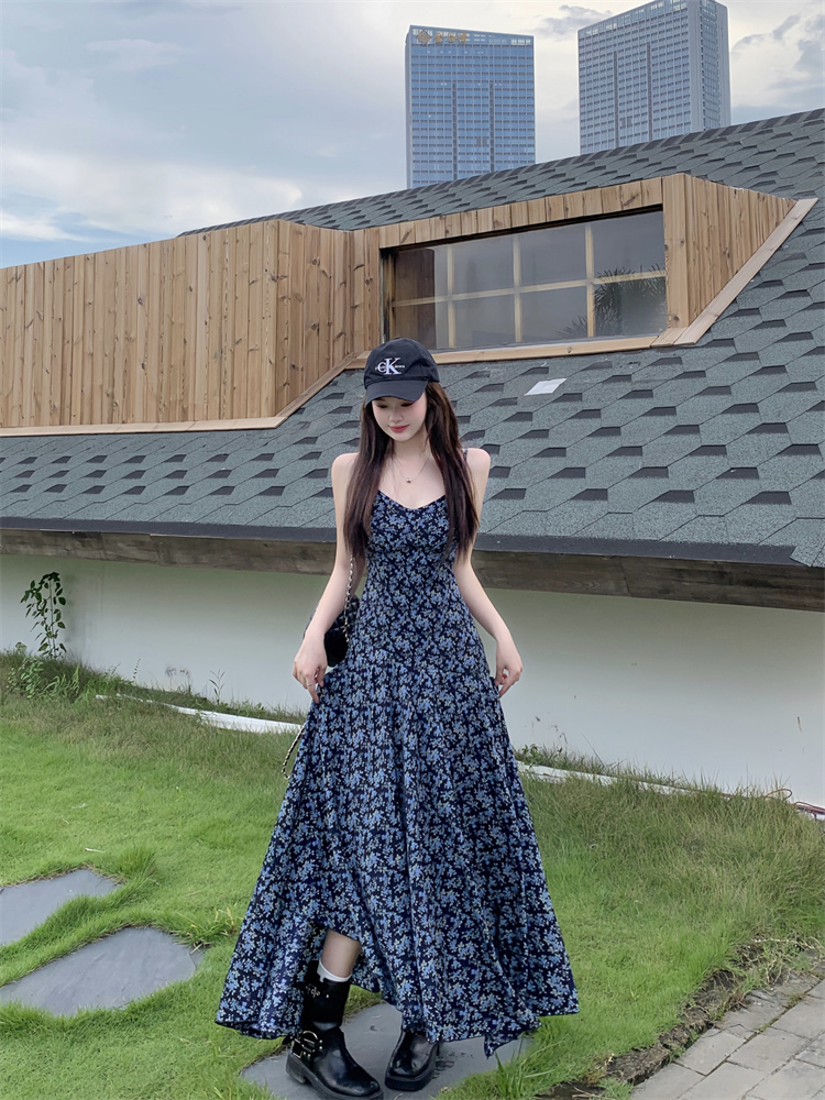 Real Photo Spring New Design Pullover Loose Sweatshirt Vintage Dark Gray Irregular Floral Cami Dress Set - Image 3