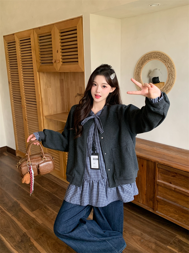 Preppy Style Women's Fashion Two-Piece Set with Shirt and Woolen Coat