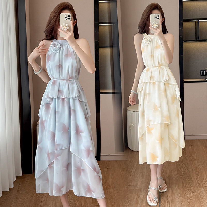 French Tie-Dye Sequin 3D Floral Halter Off-Shoulder Dress with Belt - Image 2