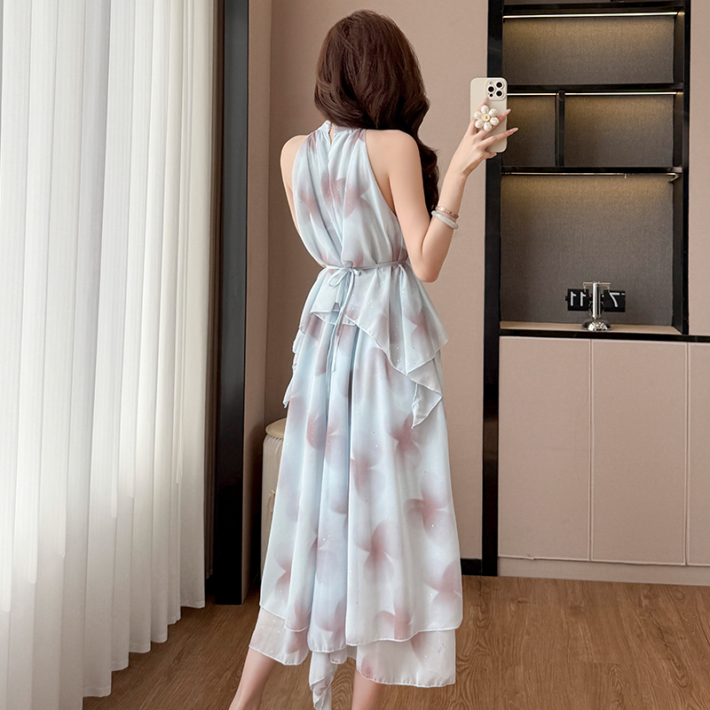 French Tie-Dye Sequin 3D Floral Halter Off-Shoulder Dress with Belt - Image 4