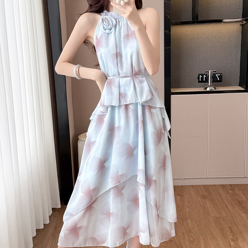 French Tie-Dye Sequin 3D Floral Halter Off-Shoulder Dress with Belt - Image 5