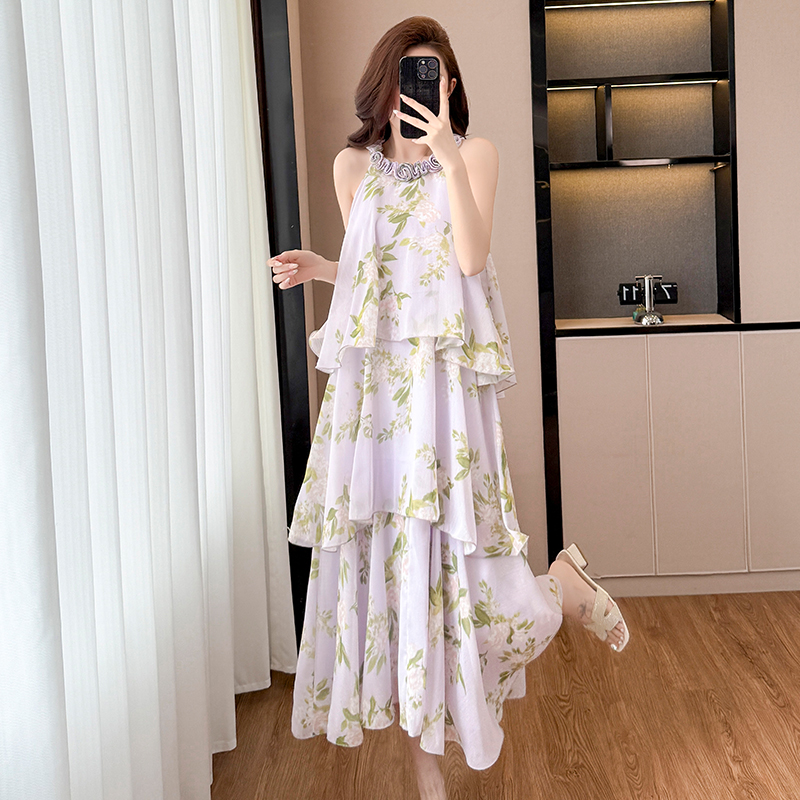 French Purple Floral Halter Cake Dress Women Summer Vacation Sleeveless Midi
