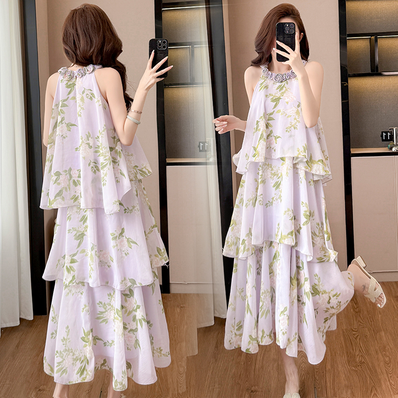French Purple Floral Halter Cake Dress Women Summer Vacation Sleeveless Midi - Image 2