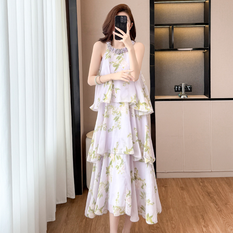 French Purple Floral Halter Cake Dress Women Summer Vacation Sleeveless Midi - Image 3