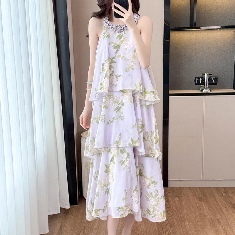 French Purple Floral Halter Cake Dress Women Summer Vacation Sleeveless Midi - Image 5