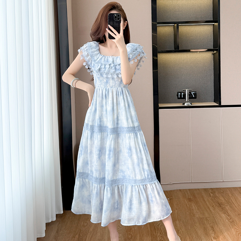 Blue Long Smocked Floral Print Waist-Cinched Dress Women Summer French Vintage Elegant High-End Skirt - Image 3
