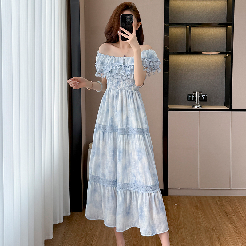 Blue Long Smocked Floral Print Waist-Cinched Dress Women Summer French Vintage Elegant High-End Skirt - Image 4