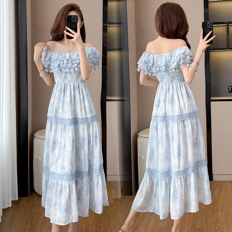 Blue Long Smocked Floral Print Waist-Cinched Dress Women Summer French Vintage Elegant High-End Skirt - Image 2