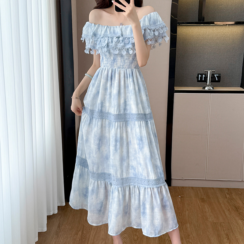 Blue Long Smocked Floral Print Waist-Cinched Dress Women Summer French Vintage Elegant High-End Skirt - Image 5