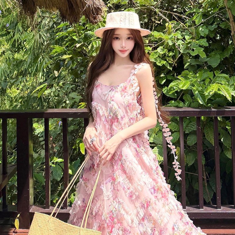 Women's Summer Floral Cami Dress French Style Sweet Bohemian Midi A-Line Dress