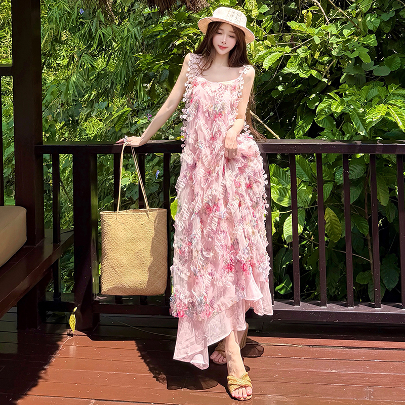 Women's Summer Floral Cami Dress French Style Sweet Bohemian Midi A-Line Dress - Image 3