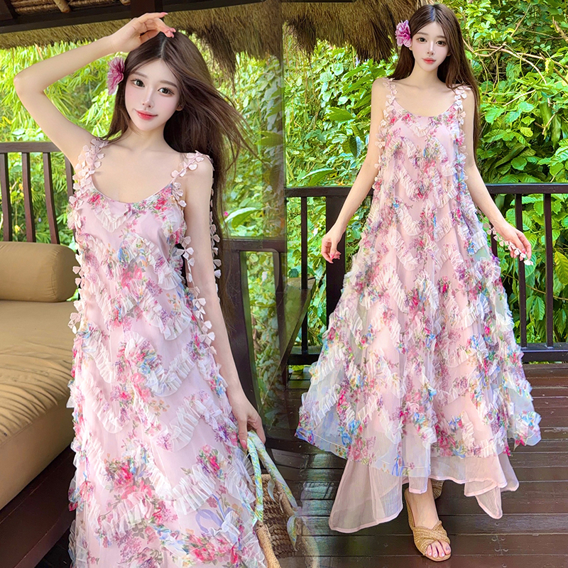 Women's Summer Floral Cami Dress French Style Sweet Bohemian Midi A-Line Dress - Image 2