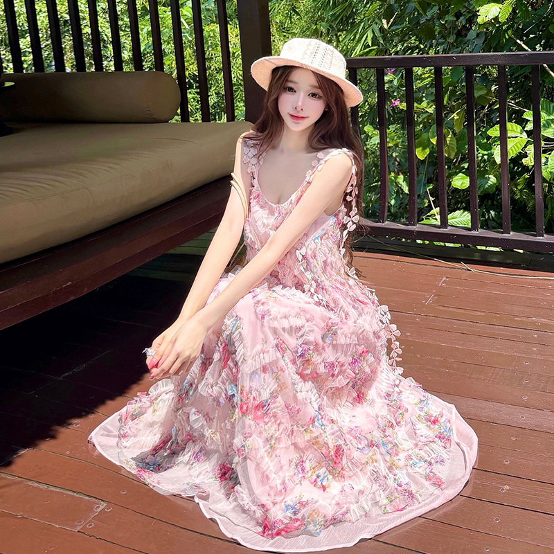 Women's Summer Floral Cami Dress French Style Sweet Bohemian Midi A-Line Dress - Image 4