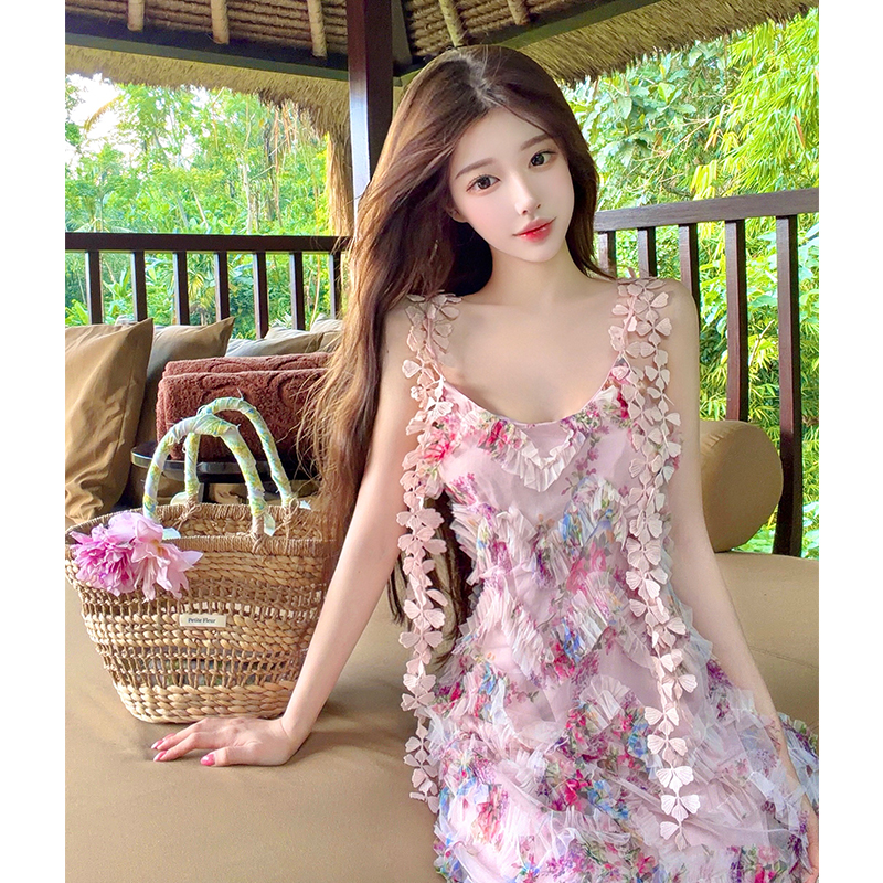 Women's Summer Floral Cami Dress French Style Sweet Bohemian Midi A-Line Dress - Image 5