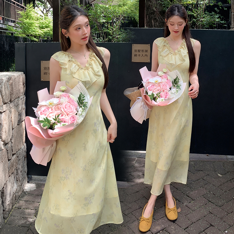 2026 Summer French Waist-Cinching Dress Women Slimming Midi Yellow-Green Floral Vacation Dress - Image 2