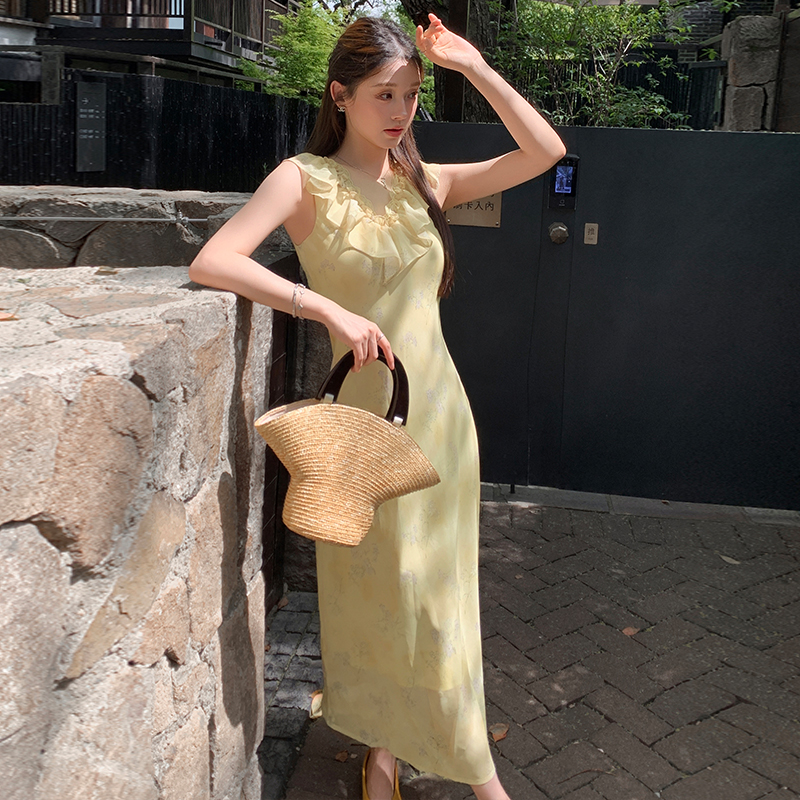 2026 Summer French Waist-Cinching Dress Women Slimming Midi Yellow-Green Floral Vacation Dress - Image 5