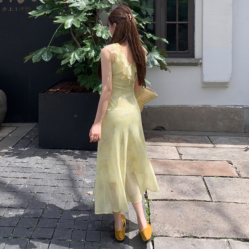 2026 Summer French Waist-Cinching Dress Women Slimming Midi Yellow-Green Floral Vacation Dress - Image 4