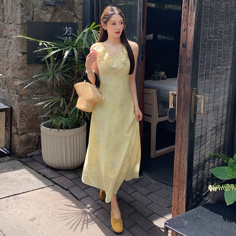 2026 Summer French Waist-Cinching Dress Women Slimming Midi Yellow-Green Floral Vacation Dress