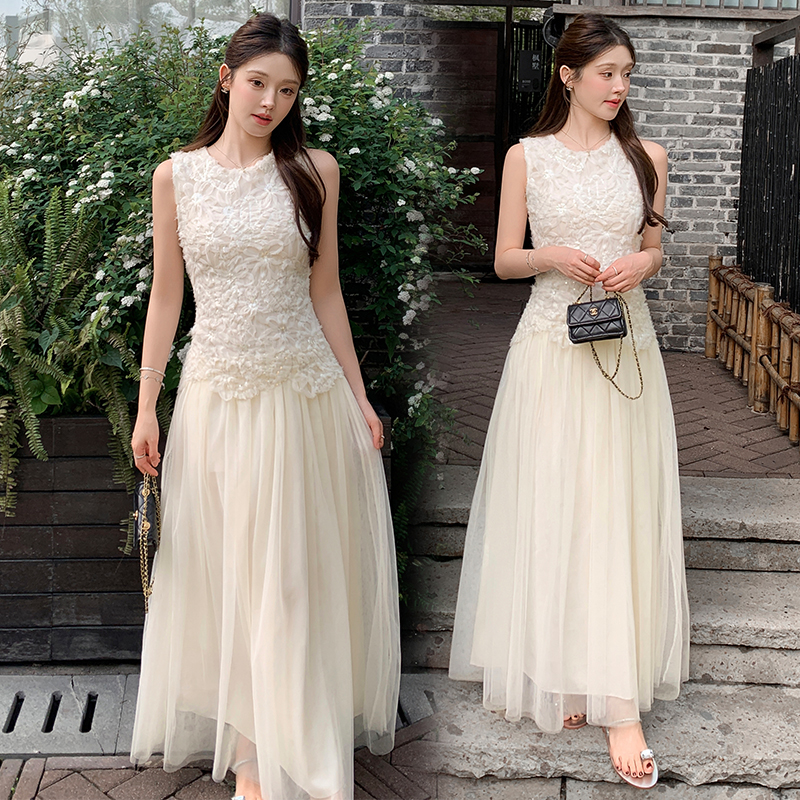French Sleeveless Sequin Mesh Dress Women Summer High-End Elegant Slimming Long Fairy Gown - Image 2
