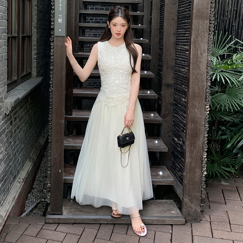 French Sleeveless Sequin Mesh Dress Women Summer High-End Elegant Slimming Long Fairy Gown