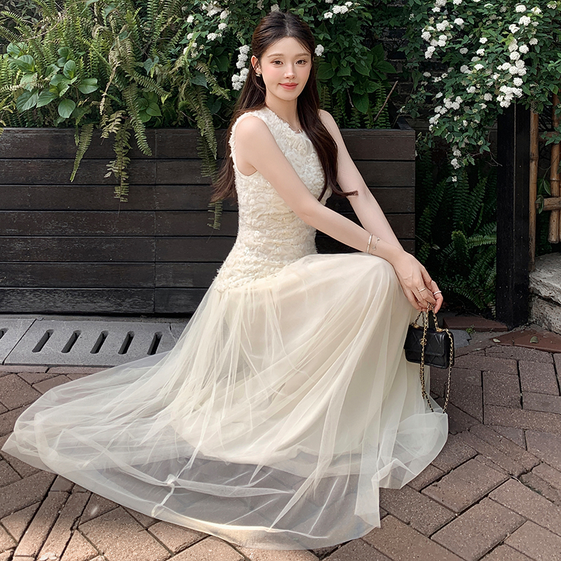 French Sleeveless Sequin Mesh Dress Women Summer High-End Elegant Slimming Long Fairy Gown - Image 4