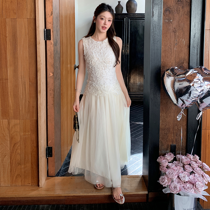 French Sleeveless Sequin Mesh Dress Women Summer High-End Elegant Slimming Long Fairy Gown - Image 5