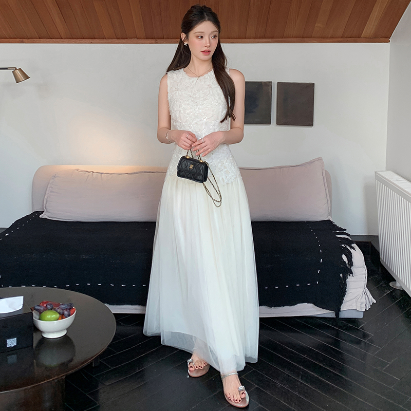 French Sleeveless Sequin Mesh Dress Women Summer High-End Elegant Slimming Long Fairy Gown - Image 3