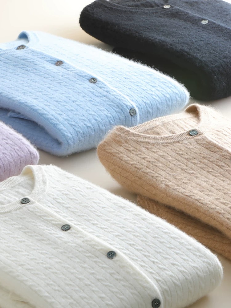 Women's Soft Round Neck Cable Knit Cardigan Solid Color Knitwear Spring Autumn Outerwear - Image 2