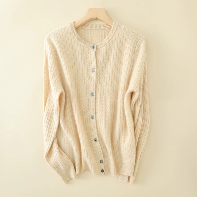 Women's Soft Round Neck Cable Knit Cardigan Solid Color Knitwear Spring Autumn Outerwear - Image 5