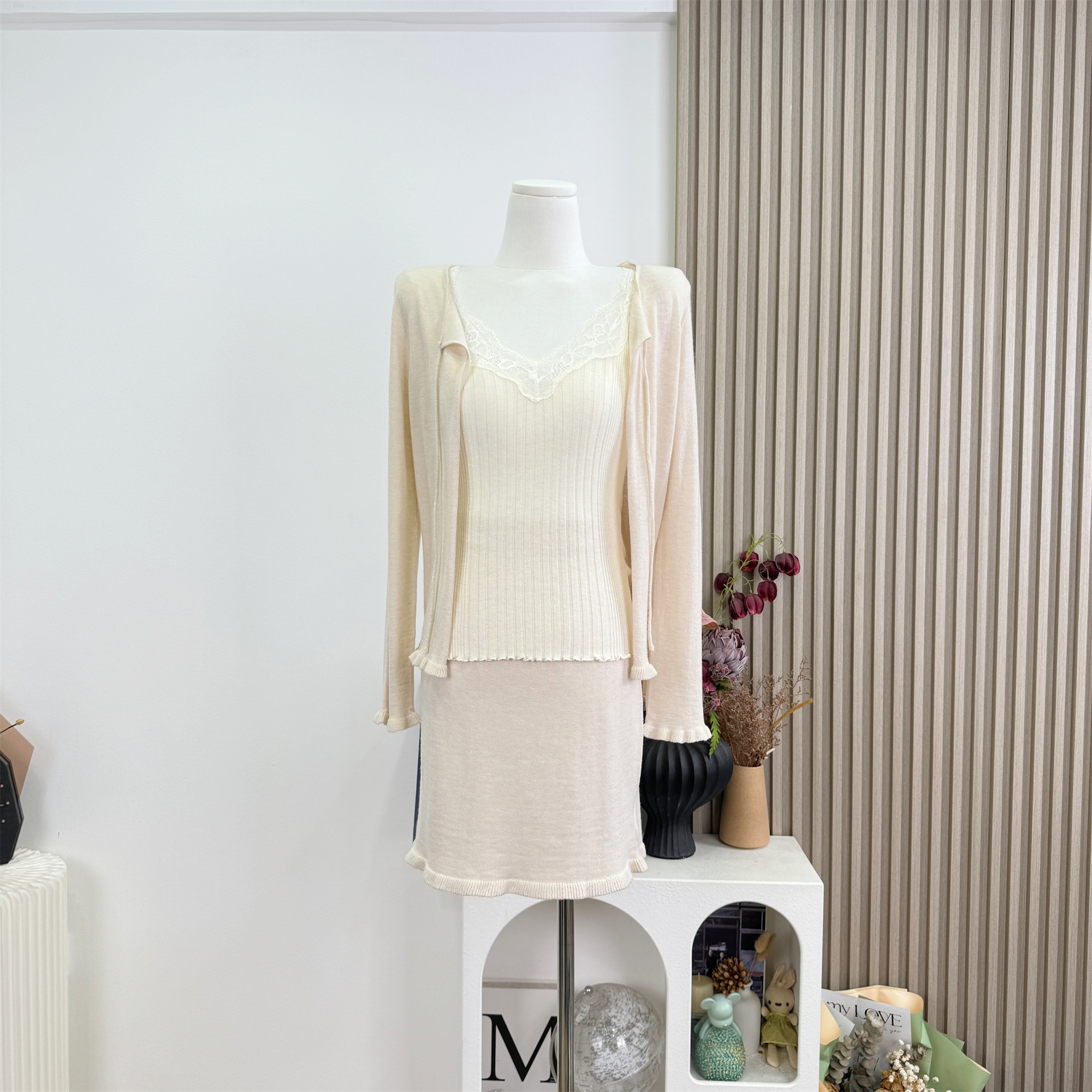 Women's Knit Sweater Set with Tie and Ruffle Trim Cardigan and Skirt - Image 3