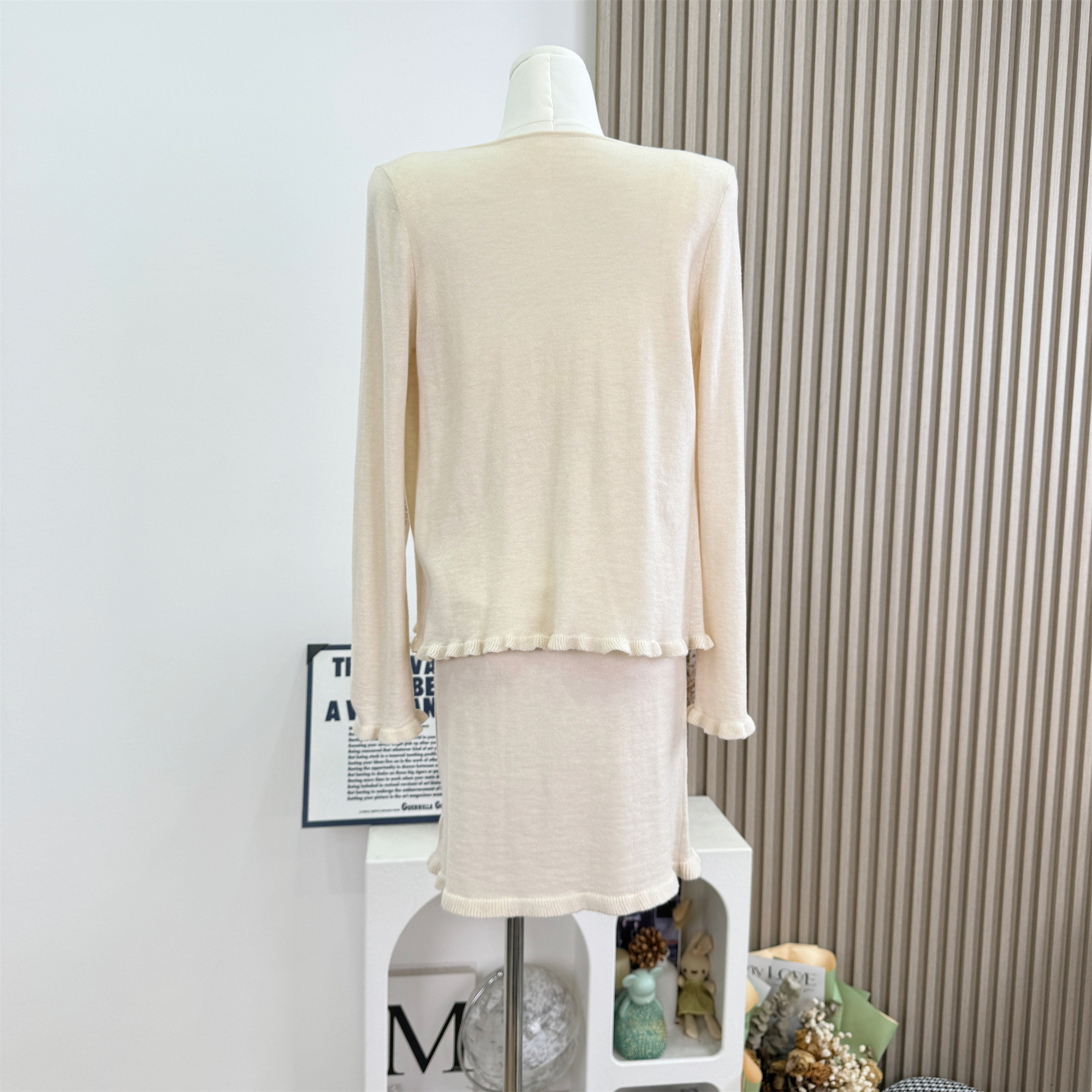 Women's Knit Sweater Set with Tie and Ruffle Trim Cardigan and Skirt - Image 4