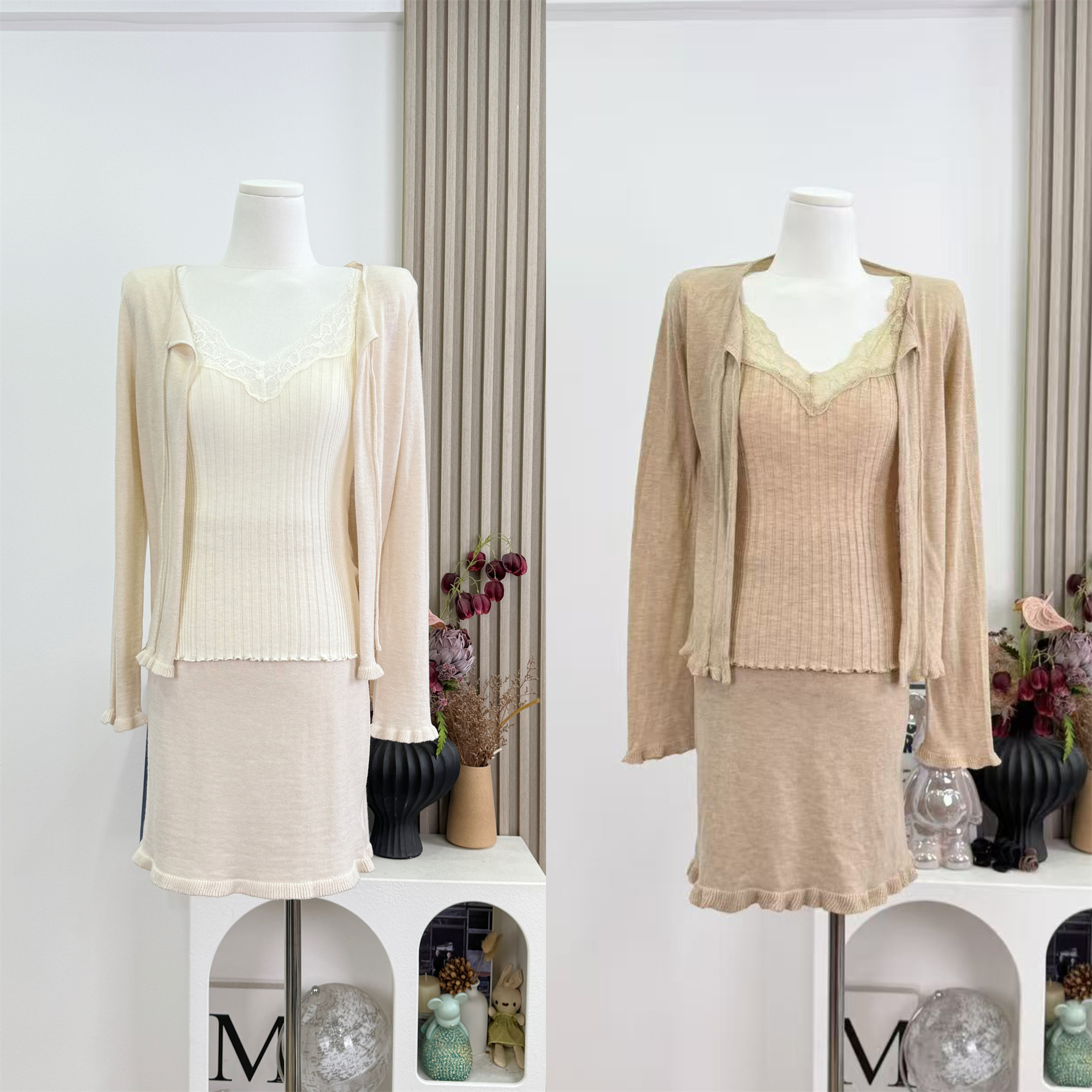 Women's Knit Sweater Set with Tie and Ruffle Trim Cardigan and Skirt - Image 5