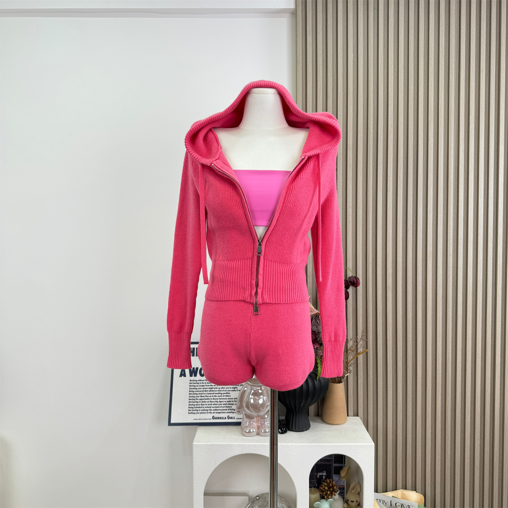 Berry Pink Knit Cardigan and Cami Shorts Set for Women - Image 2