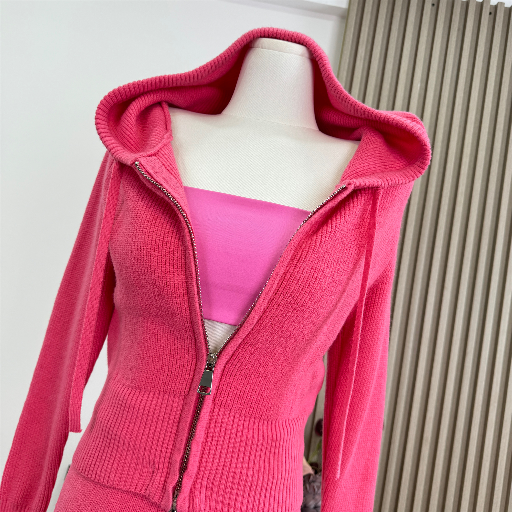 Berry Pink Knit Cardigan and Cami Shorts Set for Women - Image 3