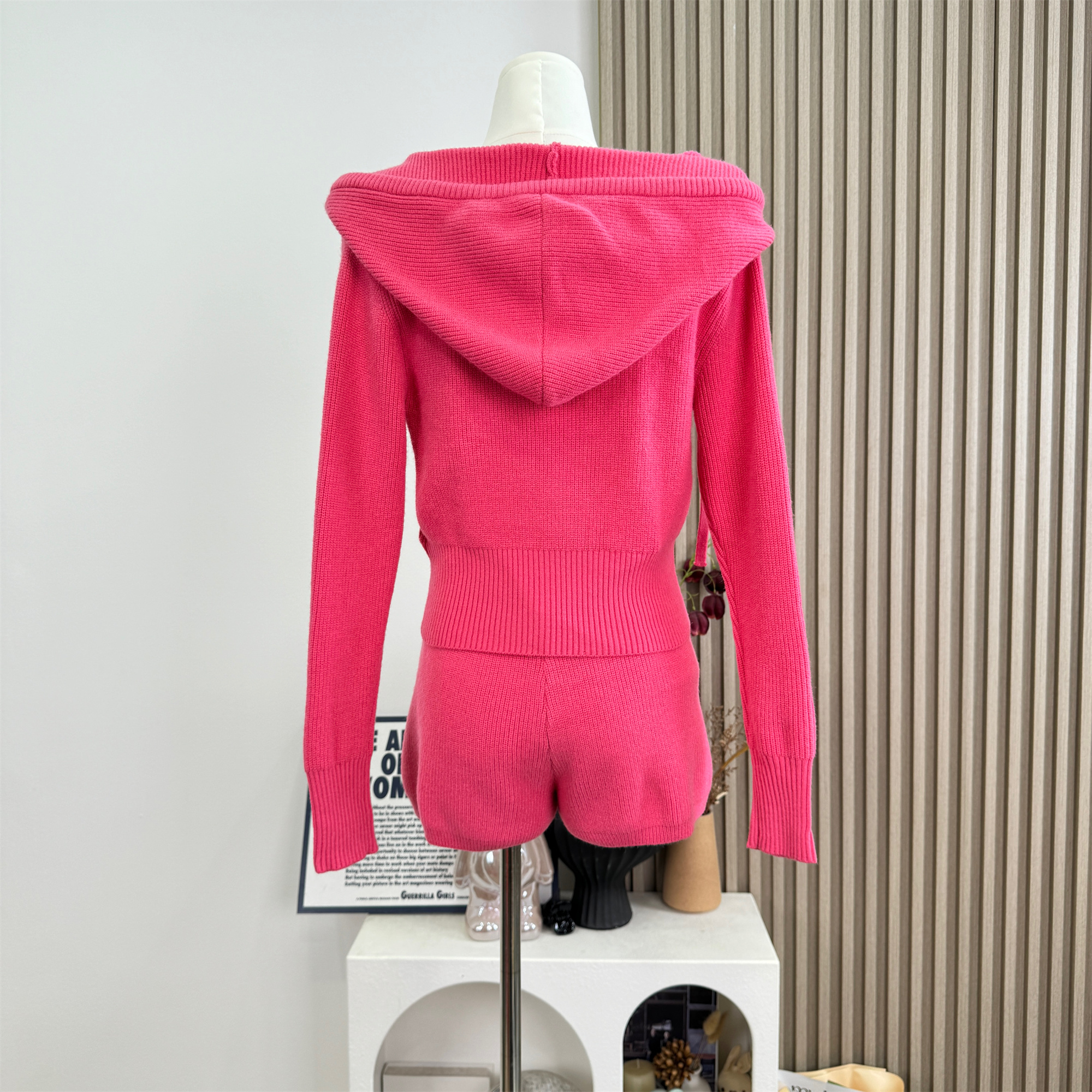Berry Pink Knit Cardigan and Cami Shorts Set for Women - Image 4