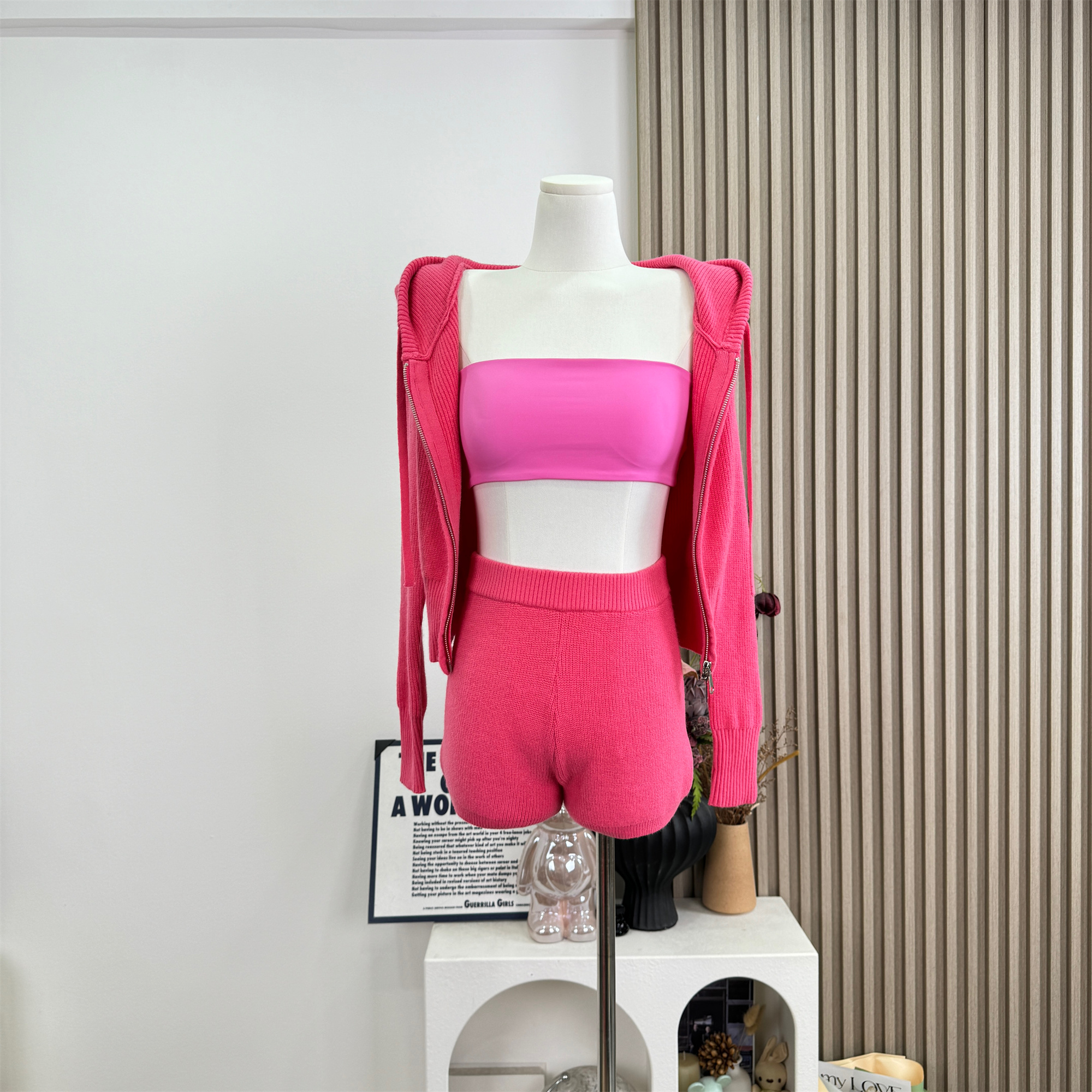 Berry Pink Knit Cardigan and Cami Shorts Set for Women - Image 5