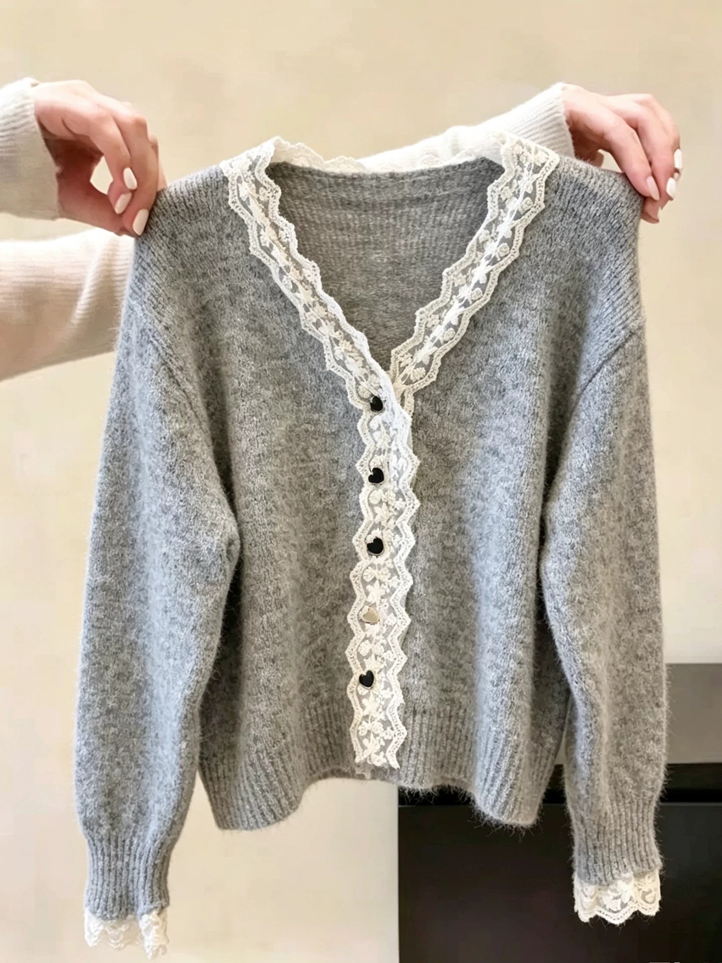 2026 Autumn French Lace Trim Heart Button Long Sleeve Knit Cardigan Top for Women - Image 2