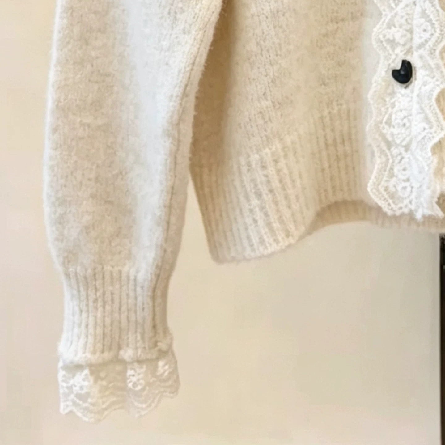 2026 Autumn French Lace Trim Heart Button Long Sleeve Knit Cardigan Top for Women - Image 5